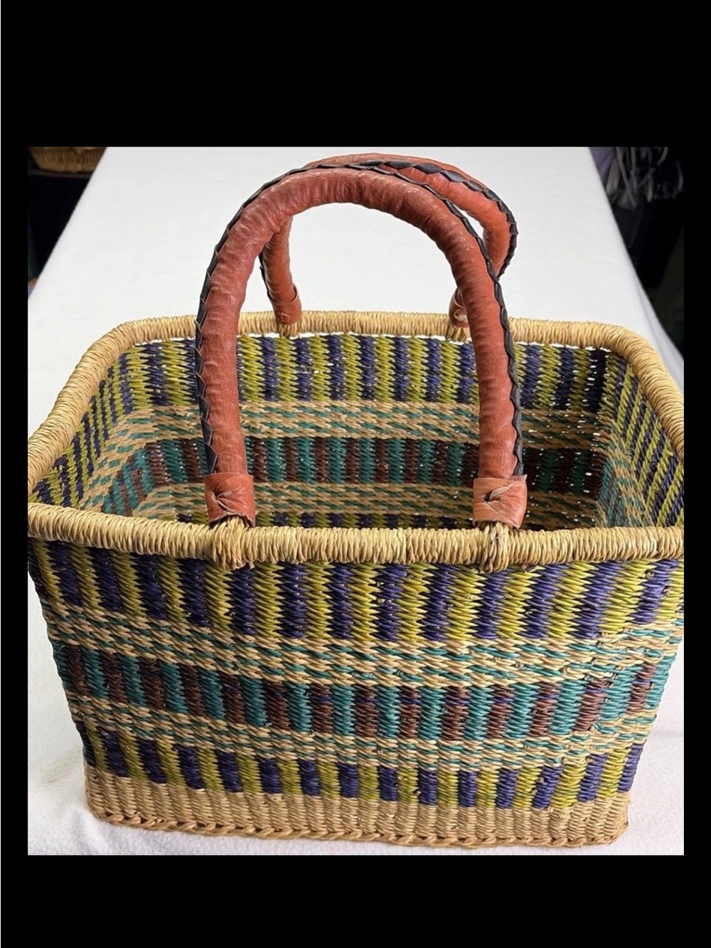 VTG handwoven Bolga Utility basket with double leather wrapped handles EUC
